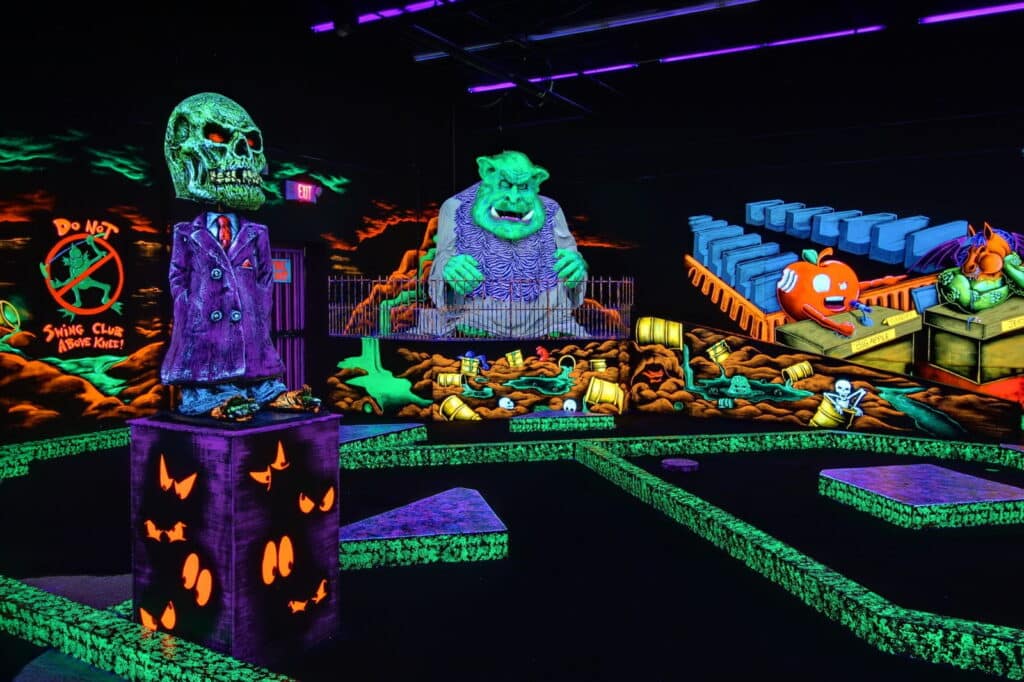 Company Events Monster Mini Golf Deer Park 4 Neon decorations at monster mini golf.