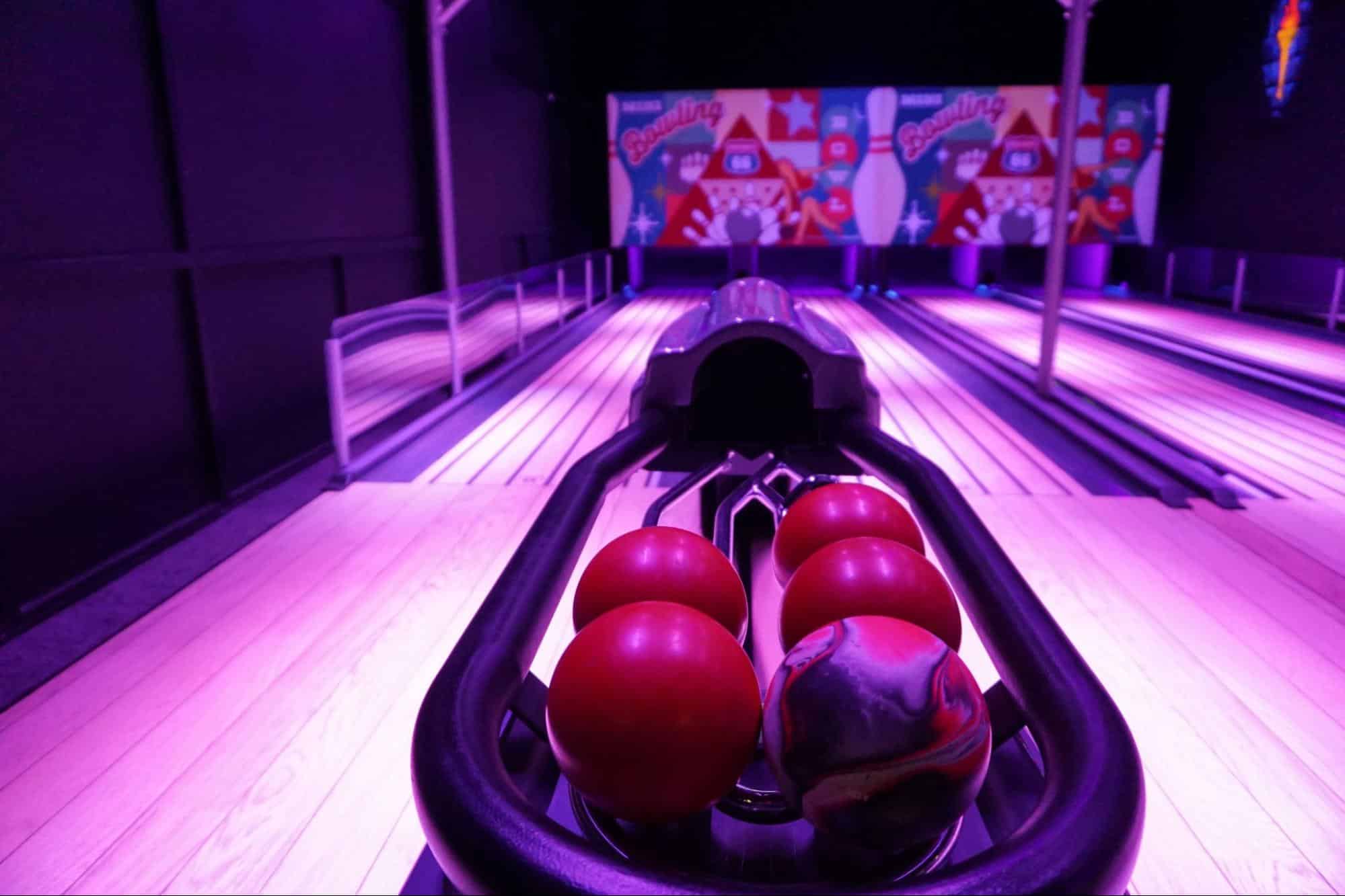 Bowling In Charlotte 1 Neon mini bowling lanes with mini bowling balls at monster mini golf.